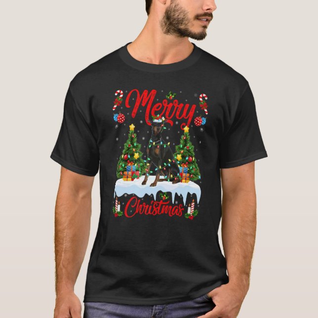 Doberman Dog Lights Xmas Tree Santa Doberman Chris T-Shirt (Front)