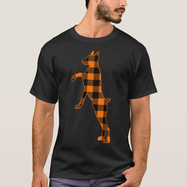 Doberman Dog Orange Buffalo Plaid Halloween Doberm T-Shirt (Front)