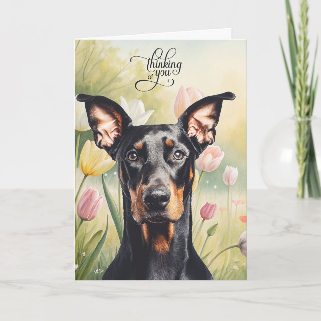 Doberman Dog Pastel Tulips Thinking of You Card (Front)