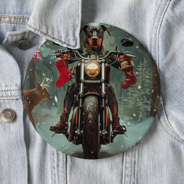 Doberman Dog Riding Motorcycle Christmas 6 Inch Round Button (In Situ)