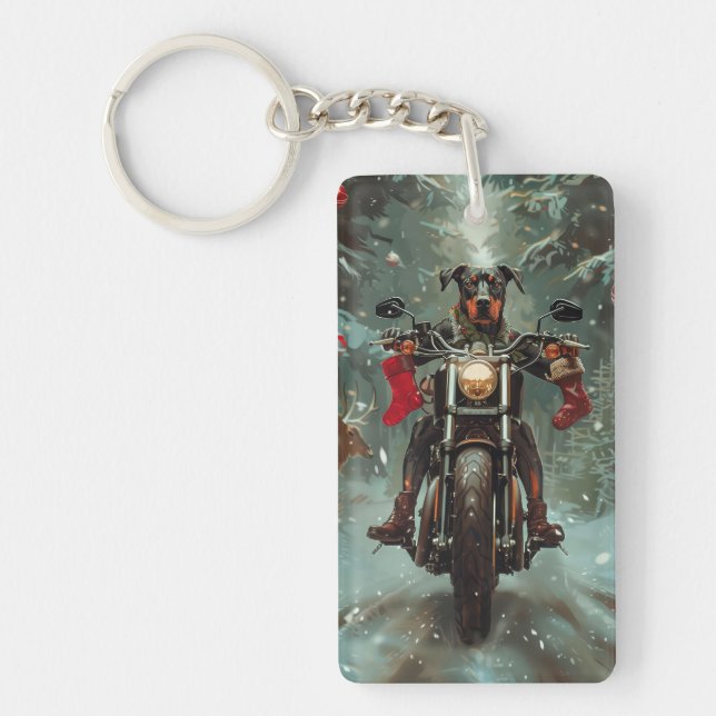 Doberman Dog Riding Motorcycle Christmas Keychain (Front)