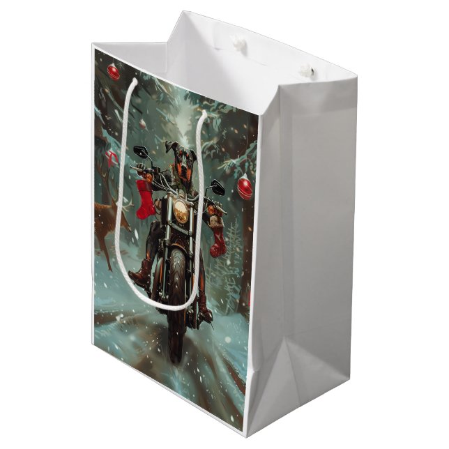 Doberman Dog Riding Motorcycle Christmas Medium Gift Bag (Front Angled)