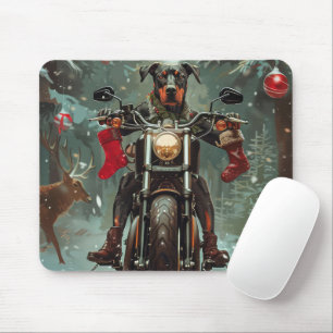 Doberman Dog Riding Motorcycle Christmas Mouse Pad