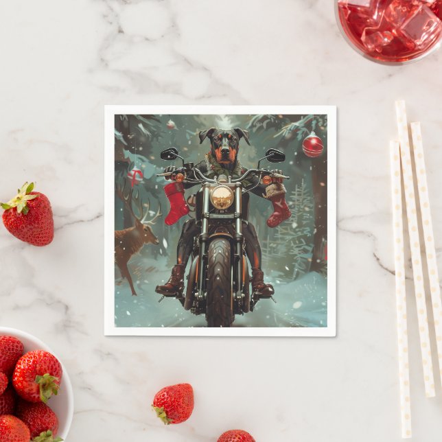 Doberman Dog Riding Motorcycle Christmas Napkin (Insitu)