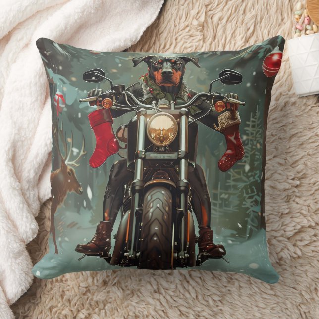 Doberman Dog Riding Motorcycle Christmas Throw Pillow (Blanket)