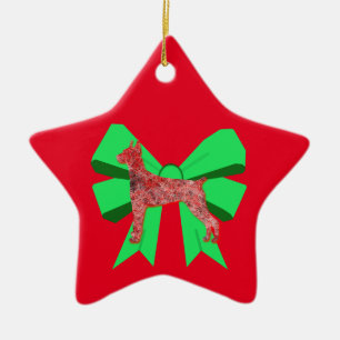 Doberman Dog Silhouette Green Bow Christmas Ceramic Ornament