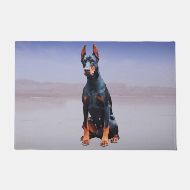 Doberman Dog Sitting On Beach Doormat (Front)
