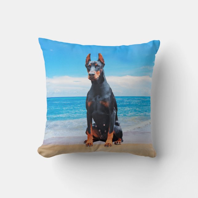 Doberman Dog Sitting On Beach Throw Pillow (Front)