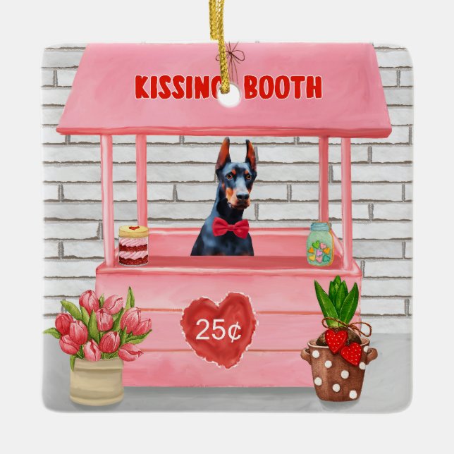 Doberman Dog Valentine's Day Kissing Booth Ceramic Ornament (Front)