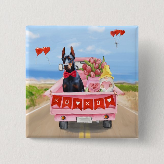 Doberman Dog Valentine's Day Truck Hearts 2 Inch Square Button (Front)