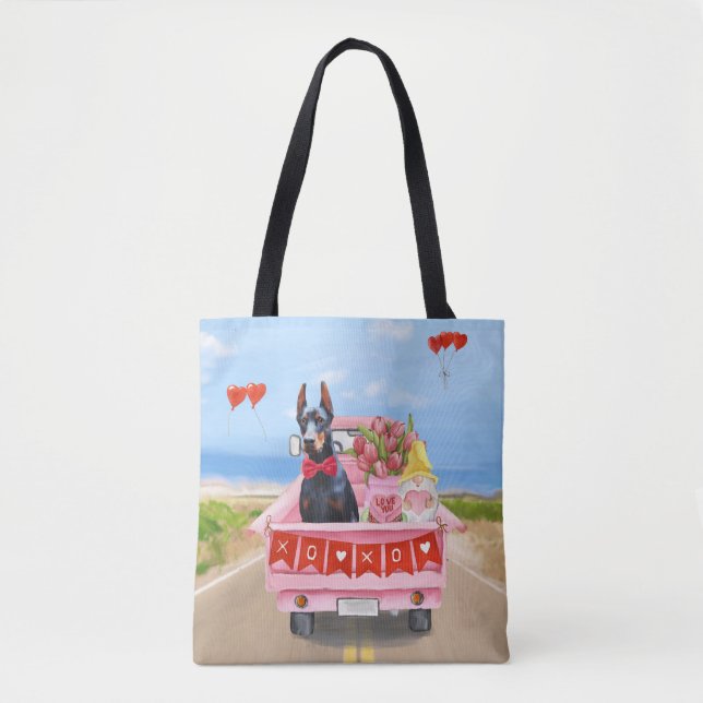 Doberman Dog Valentine's Day Truck Hearts Tote Bag (Front)