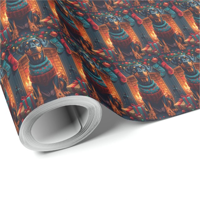Doberman Dog With Christmas Gifts Fireplace Wrapping Paper (Roll Corner)