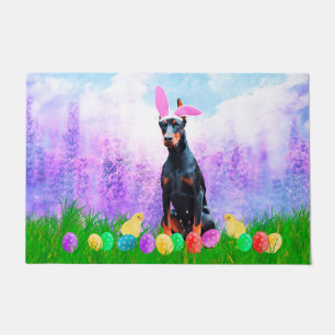 Doberman Dog with Easter Eggs Bunny Chicks Doormat