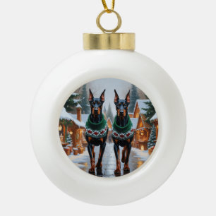 Doberman Dogs Christmas Snow Holiday  Ceramic Ball Christmas Ornament
