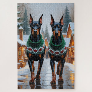 Doberman Dogs Christmas Snow Holiday Jigsaw Puzzle