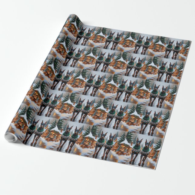 Doberman Dogs Christmas Snow Holiday  Wrapping Paper (Unrolled)