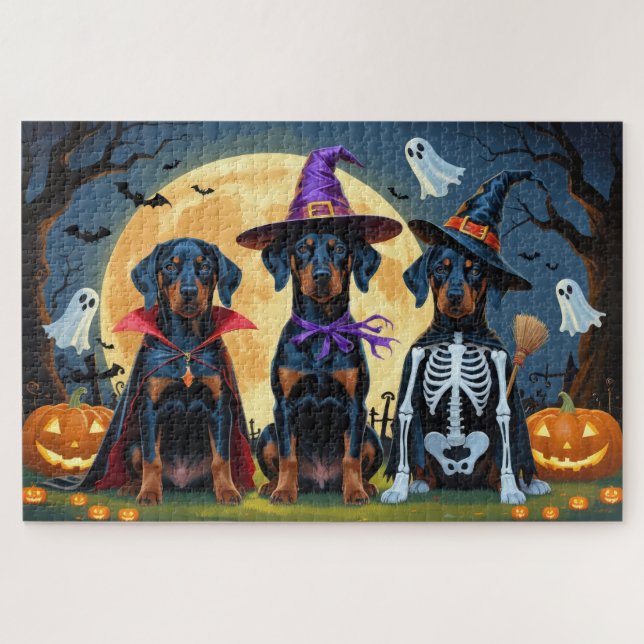 Doberman Dogs Pumpkin Halloween Funny Jigsaw Puzzle (Horizontal)