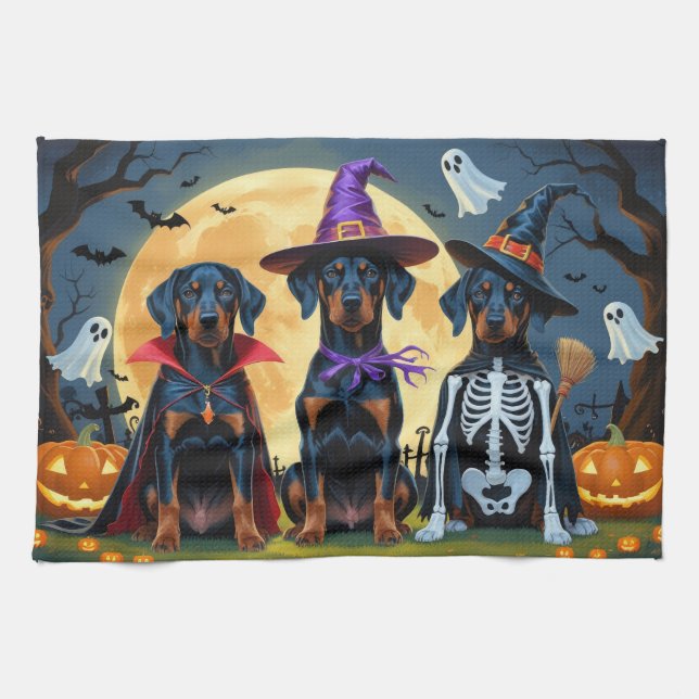 Doberman Dogs Pumpkin Halloween Funny Kitchen Towel (Horizontal)