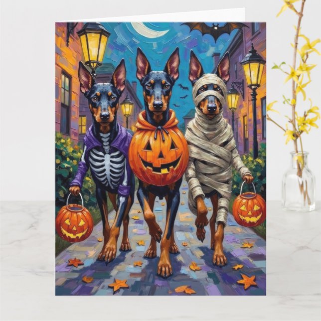 Doberman Dogs Trick-or-Treating Halloween Costumes Card (Yellow Flower)
