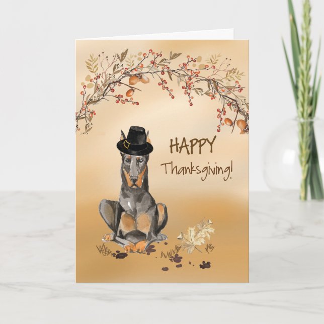 Doberman Funny Pilgrim Hat Thanksgiving Card (Front)