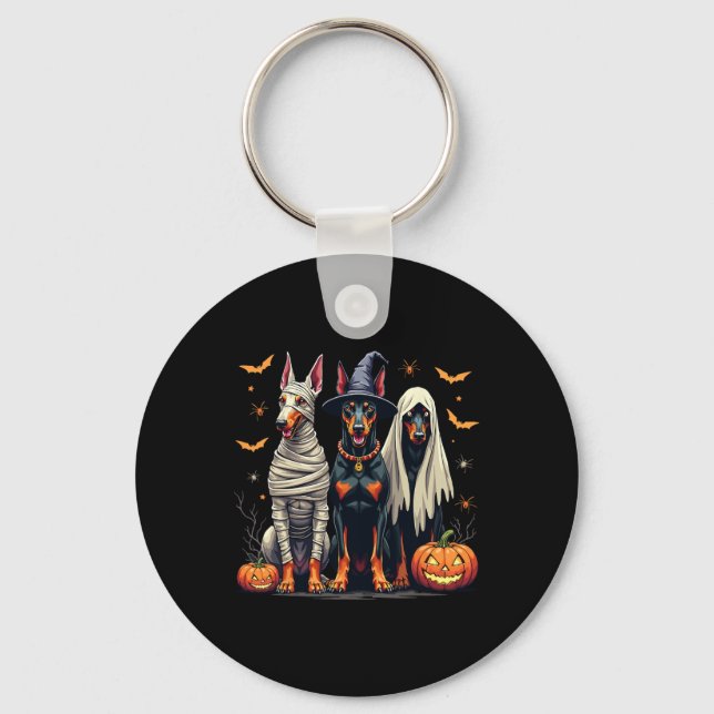 Doberman Halloween Costume Mummy Witch Ghost  Keychain (Front)