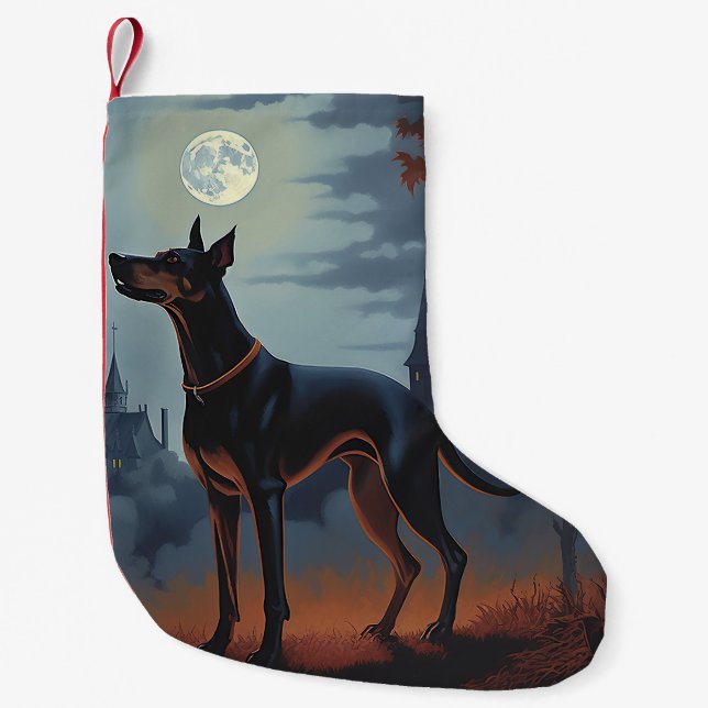 Doberman Halloween Scary Small Christmas Stocking (Front)
