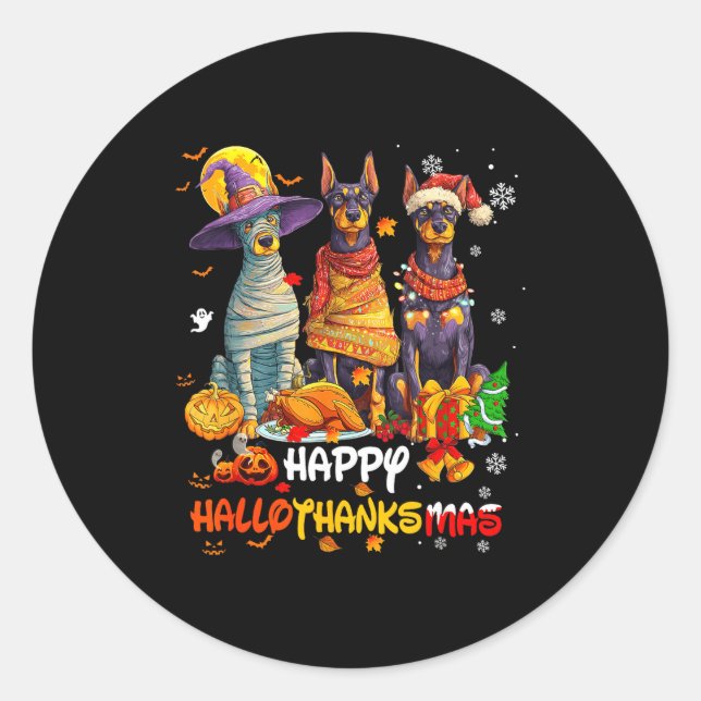 Doberman Happy Hallothanksmas Dog Lover Christmas  Classic Round Sticker (Front)