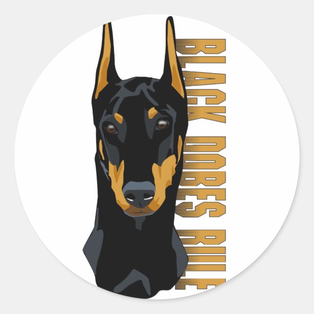 Doberman Head, Black Dobes Rule Classic Round Sticker (Front)