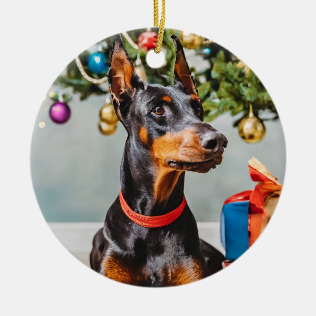 Doberman Holiday Ornment Ceramic Ornament (Front)
