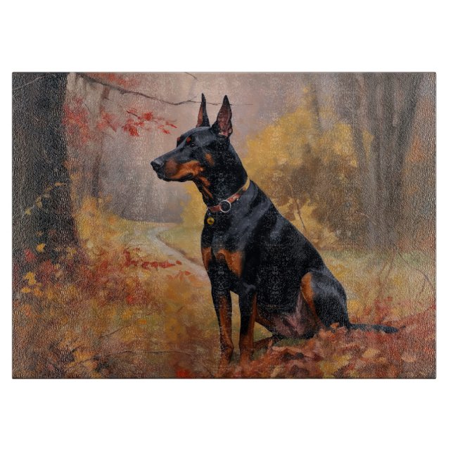 Doberman in Autumn Leaves Fall Inspire  Cutting Board (Front)