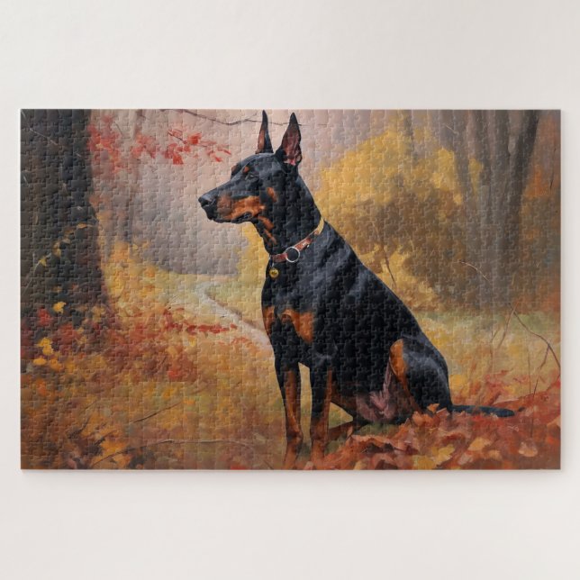 Doberman in Autumn Leaves Fall Inspire  Jigsaw Puzzle (Horizontal)