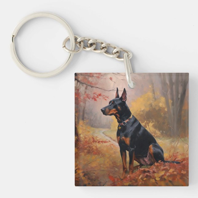 Doberman in Autumn Leaves Fall Inspire  Keychain (Front)