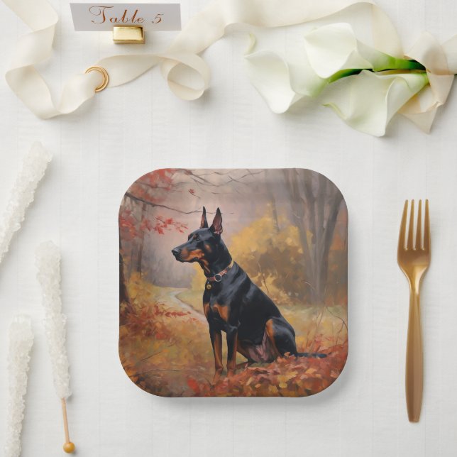 Doberman in Autumn Leaves Fall Inspire  Paper Plate (Wedding)