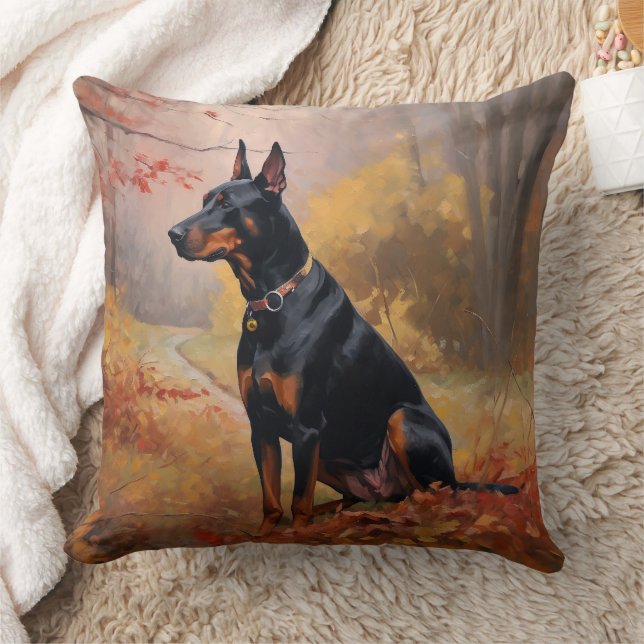 Doberman in Autumn Leaves Fall Inspire  Throw Pillow (Blanket)