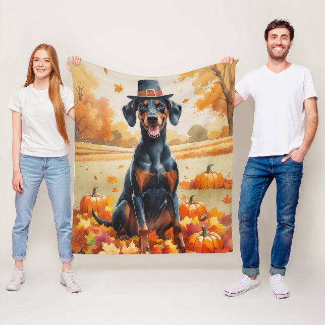 Doberman In Autumn Leaves Thanksgiving Art Fleece Blanket (In Situ)