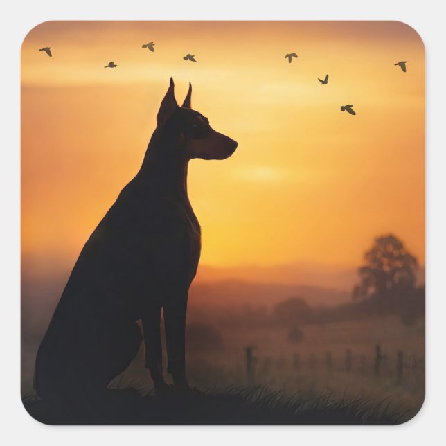 Doberman Pincher Silhouetted Sunset Square Sticker (Front)