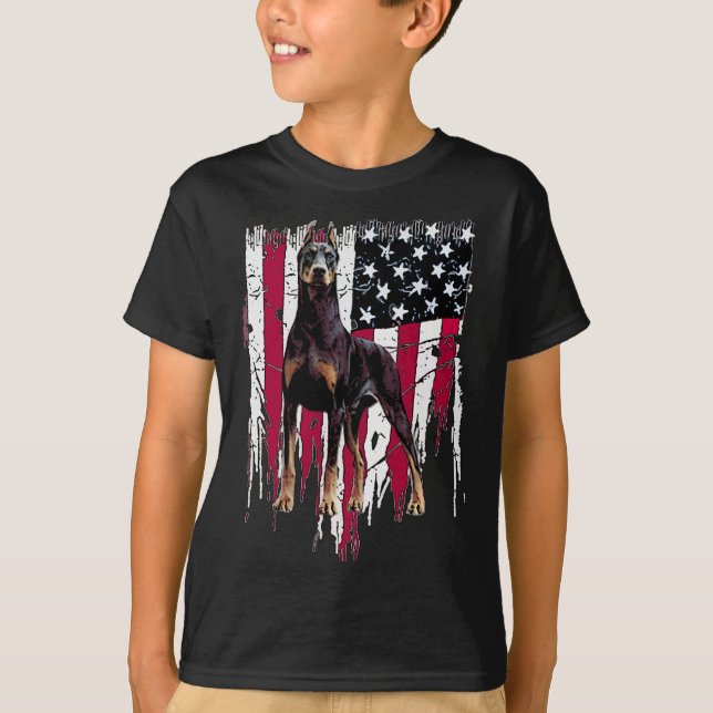Doberman Pinscher American Flag Usa Awesome  T-Shirt (Front)