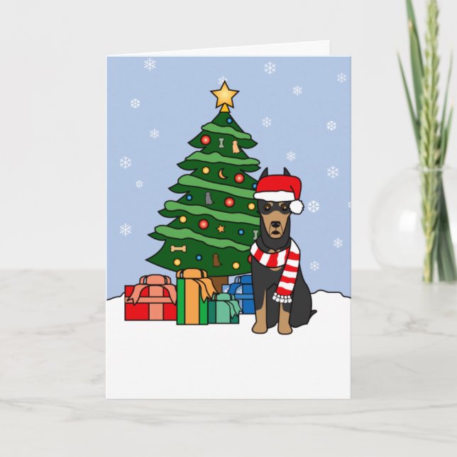 Doberman Pinscher and Christmas Tree Holiday Card (Front)