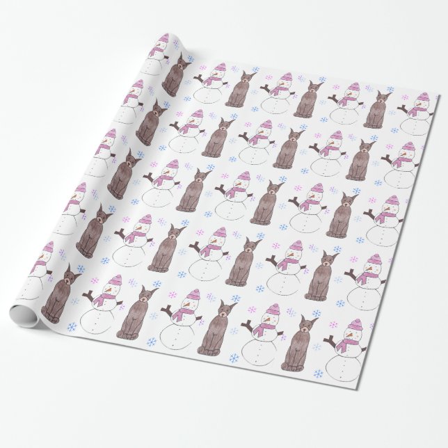 Doberman Pinscher And Snowman Wrapping Paper (Unrolled)