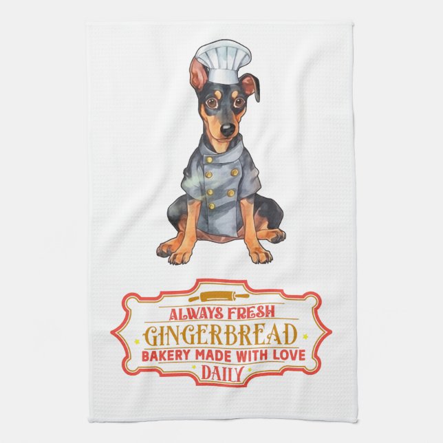 Doberman Pinscher Chef Baking Gingerbread Kitchen Towel (Vertical)