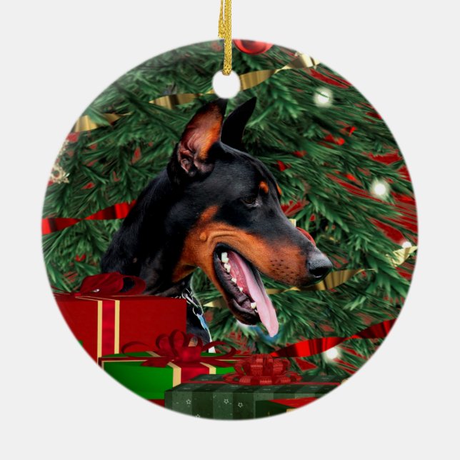 Doberman Pinscher Christmas Ceramic Ornament (Back)
