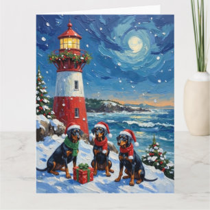 Doberman Pinscher Christmas Lighthouse Holiday Card