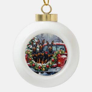 Doberman Pinscher Christmas Red Truck Holiday Ceramic Ball Christmas Ornament
