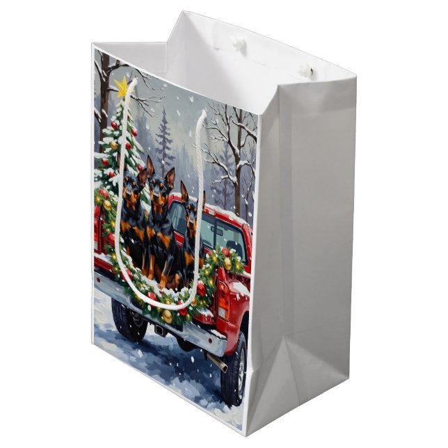 Doberman Pinscher Christmas Red Truck Holiday Medium Gift Bag (Front Angled)