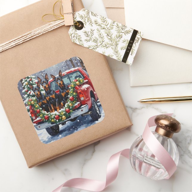 Doberman Pinscher Christmas Red Truck Holiday Square Sticker (Gifting)