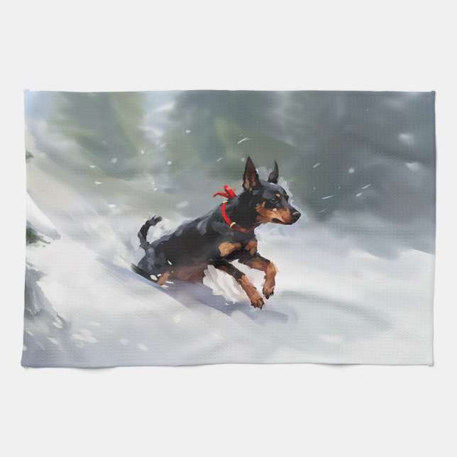 Doberman Pinscher Christmas snow winter Kitchen Towel (Horizontal)