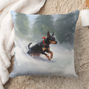 Doberman Pinscher Christmas snow winter Throw Pillow
