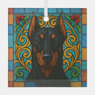Doberman Pinscher Cropped Dog "Stained Glass"  Glass Ornament