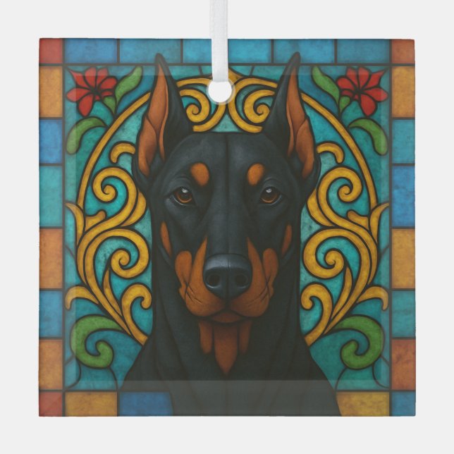 Doberman Pinscher Cropped Dog "Stained Glass"  Glass Ornament (Front)