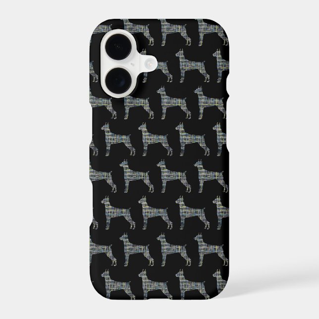 Doberman Pinscher Cute Dog Silhouette Grid Black iPhone Case (Back)